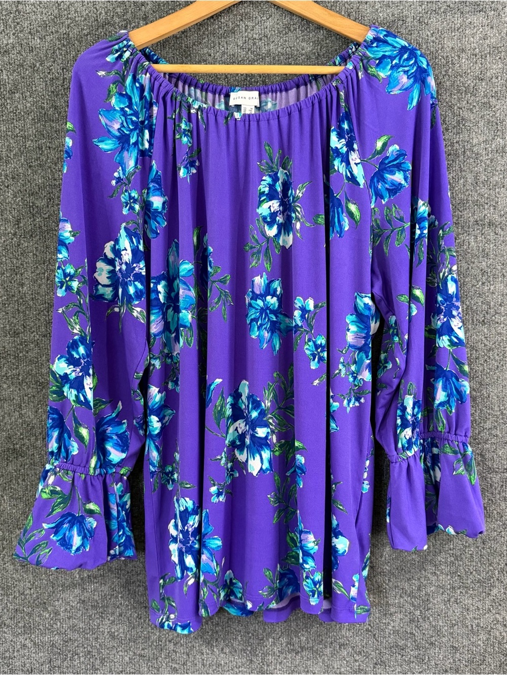 Susan Graver Womens 1X Liquid Knit Floral Top Purple Blue Long Sleeve Office